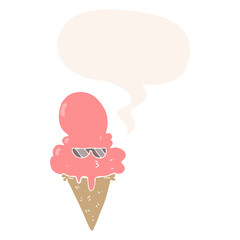 cartoon cool ice cream and speech bubble in retro style
