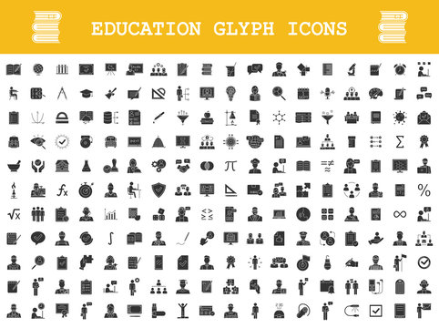 Education glyph icons big set. School, college, university, self study, business education. Educational program. E learning, online courses, classes. Silhouette symbols. Vector isolated illustration
