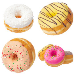 Set of various colorful donuts isolated on white background