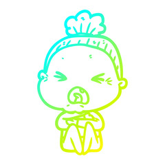 cold gradient line drawing cartoon angry old woman