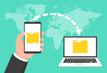 Two hands holding phones and transferred documents. File transfer concept. Vector illustration.