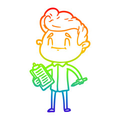 Obraz premium rainbow gradient line drawing happy cartoon man with pen and clipboard