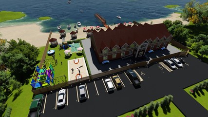summer recreation center on the lake with an attic floor, playground, boats and a sports ground. In archicad and lumion programs