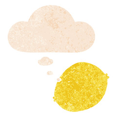 cartoon lemon and thought bubble in retro textured style