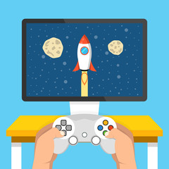 Gaming concept. Man holding in hands gamepad and playing in rocket videogame. Flat cartoon style. Vector illustration.
