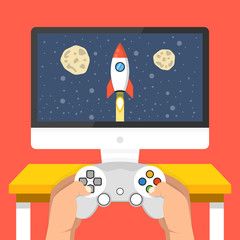 Gaming concept. Man holding in hands gamepad and playing in rocket videogame. Flat cartoon style. Vector illustration.