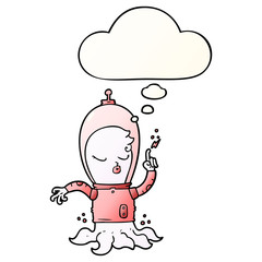 cute cartoon alien and thought bubble in smooth gradient style