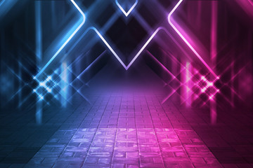 Empty background scene. Dark street reflection on wet asphalt. Rays of neon light in the dark, neon figures, smoke. Background of empty stage show. Abstract dark background.