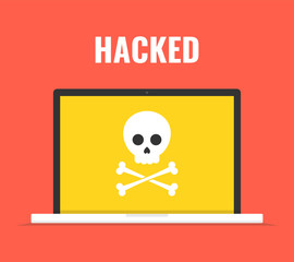 Laptop with skull on the screen. Concept of virus, piracy, hacking and security. Vector illustration.