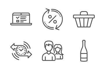 Timer, Web lectures and Couple icons simple set. Loan percent, Shop cart and Champagne bottle signs. Stopwatch, Online test. Business set. Line timer icon. Editable stroke. Vector