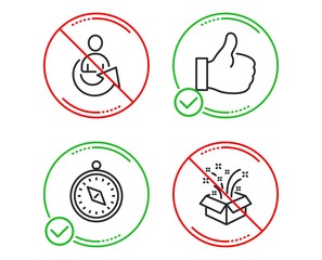 Do or Stop. Travel compass, Like and Share icons simple set. Gift sign. Trip destination, Thumbs up, Referral person. New year. Business set. Line travel compass do icon. Prohibited ban stop. Vector