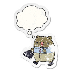 cute cartoon business bear and thought bubble as a distressed worn sticker
