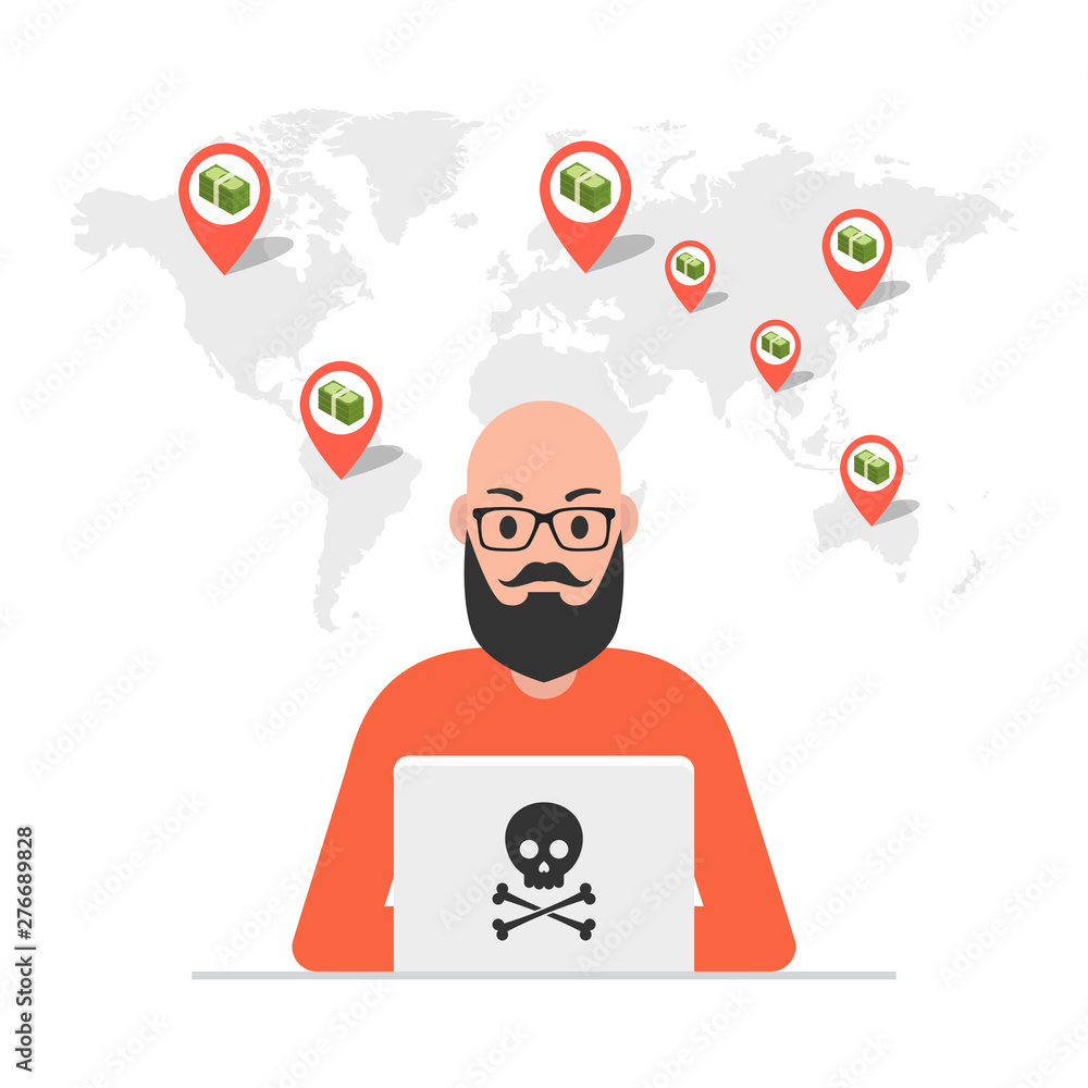 Poster hacker sitting at the desktop and hacking secret data on the laptop. world map and points on backgro