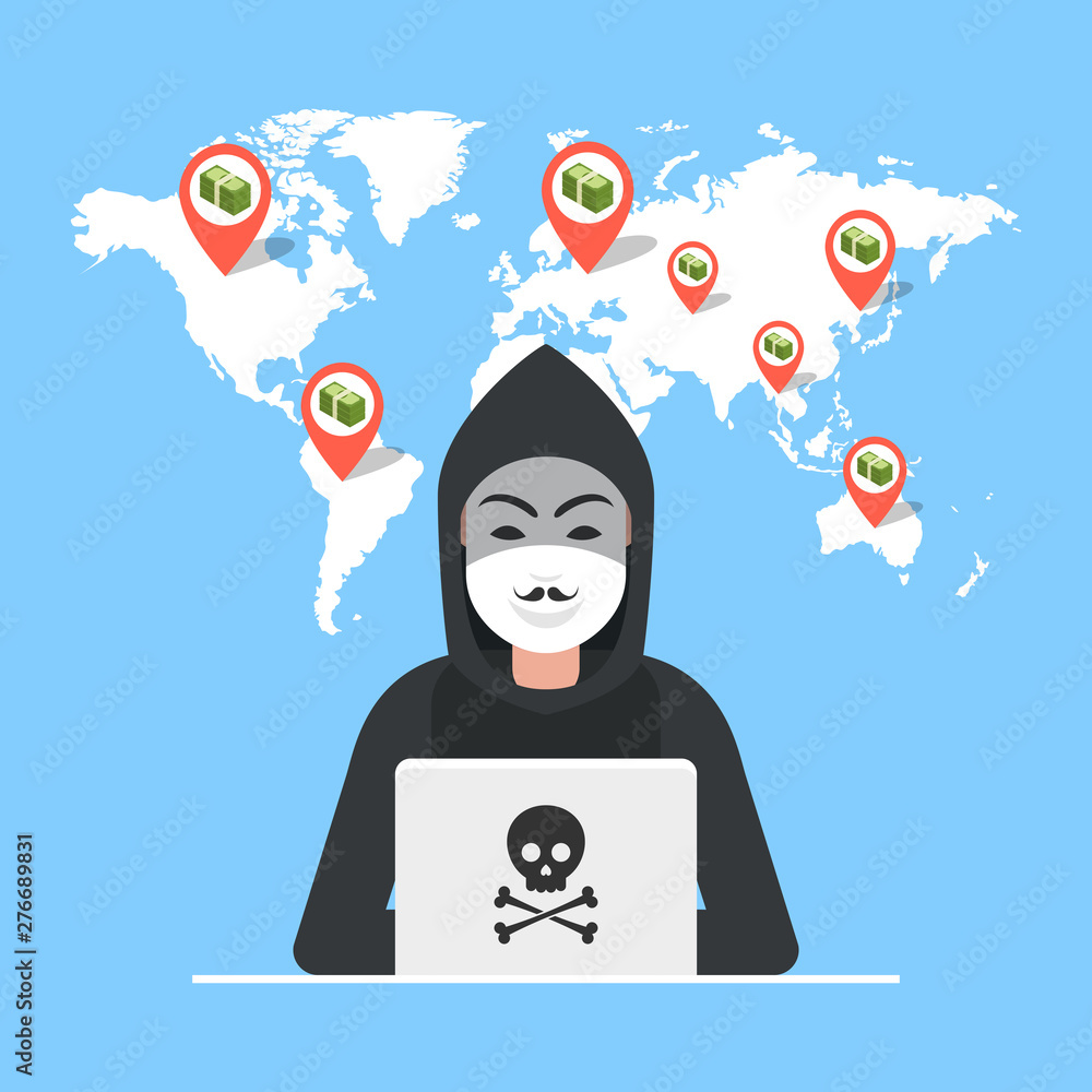 Poster hacker sitting at the desktop and hacking secret data on the laptop. world map and points on backgro