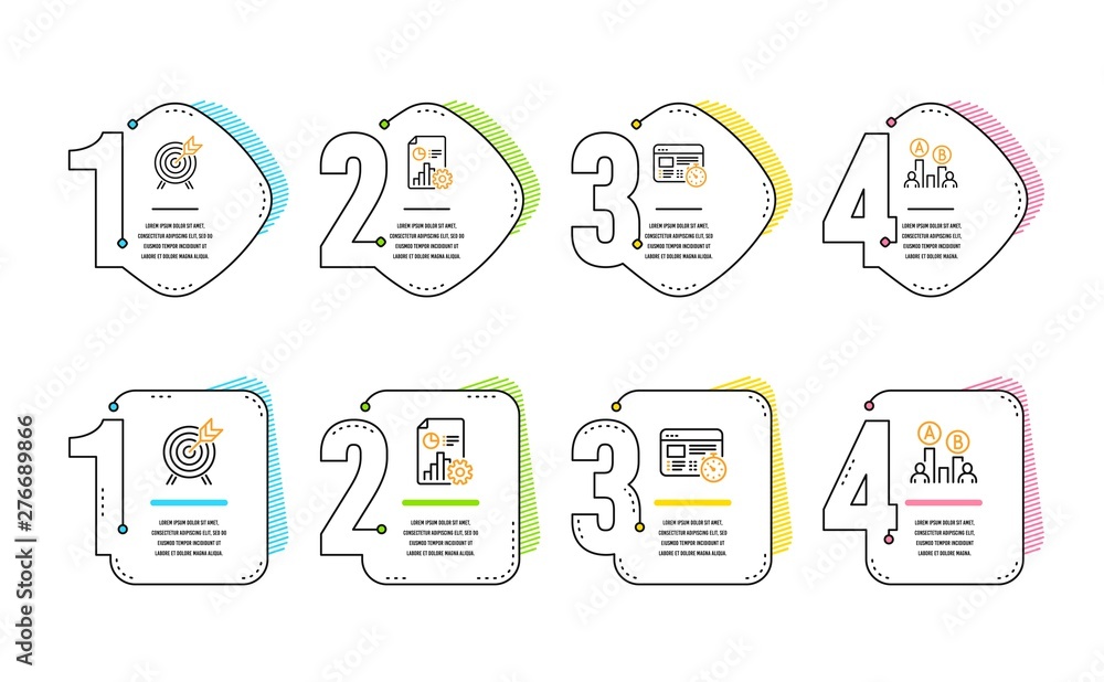 Poster report, web timer and archery icons simple set. ab testing sign. presentation document, online test,