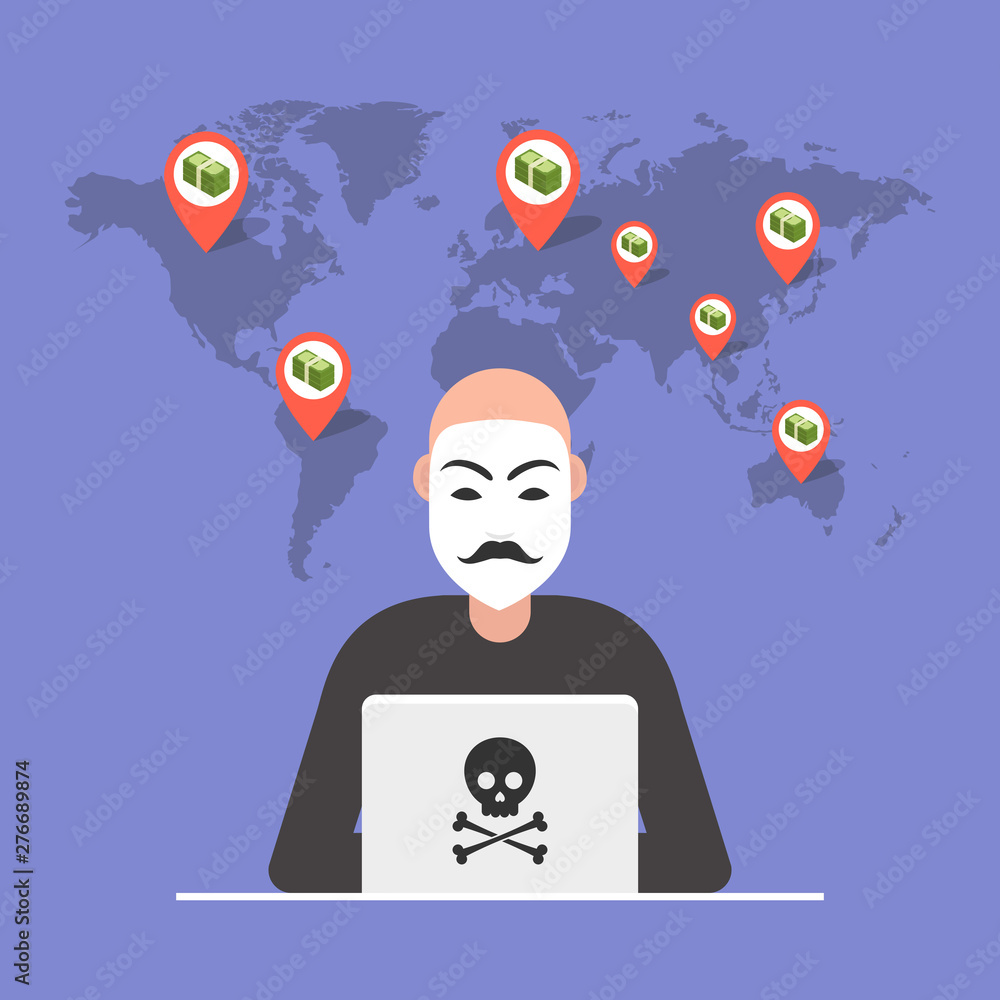 Poster hacker sitting at the desktop and hacking secret data on the laptop. world map and points on backgro