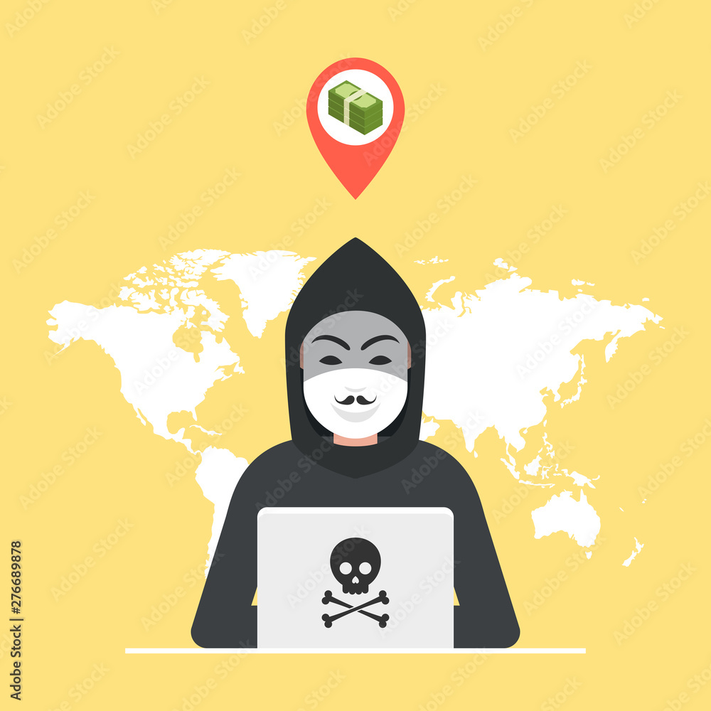 Poster hacker sitting at the desktop and hacking secret data on the laptop. world map and points on backgro