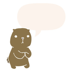cartoon worried bear and speech bubble in retro style