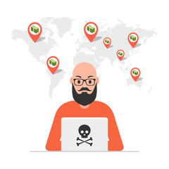Hacker sitting at the desktop and hacking secret data on the laptop. World map and points on background. Vector illustration.