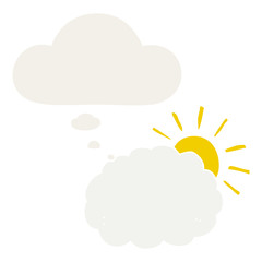 cartoon sun and cloud symbol and thought bubble in retro style