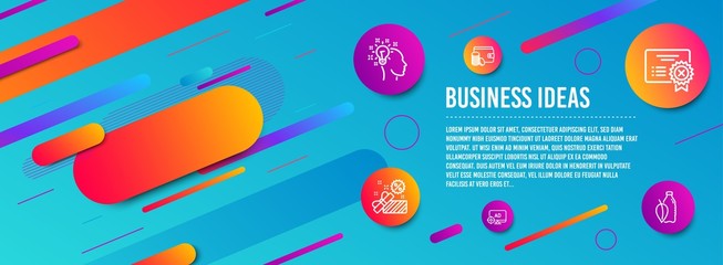 Header banner. Payment method, Reject certificate and Sale icons simple set. Idea, Seo adblock and Water bottle signs. Wallet with coins, Decline file. Business set. Line payment method icon. Vector