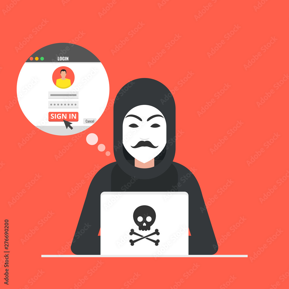Poster hacker sitting at the desktop and hacking user login. vector illustration.