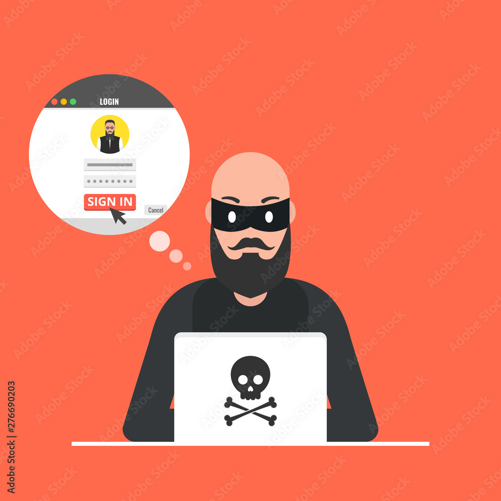 Poster hacker sitting at the desktop and hacking user login. vector illustration.