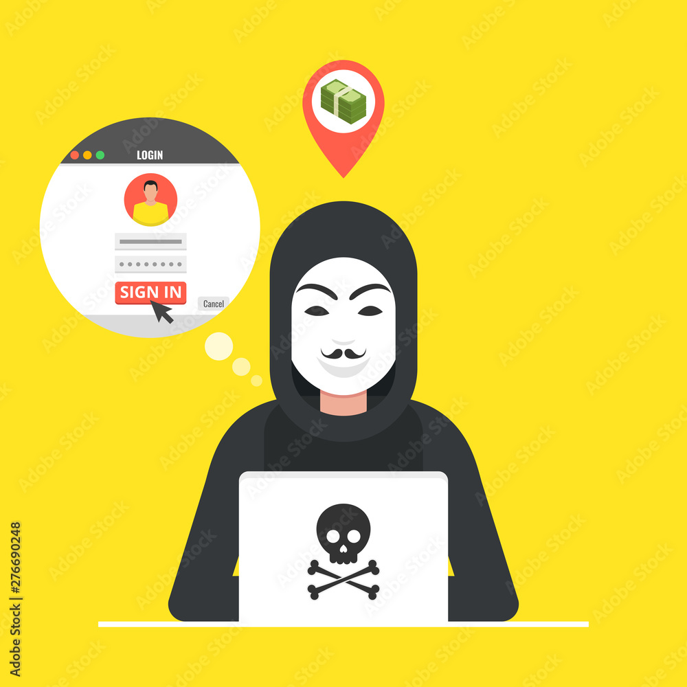 Poster hacker sitting at the desktop and hacking user login. vector illustration.