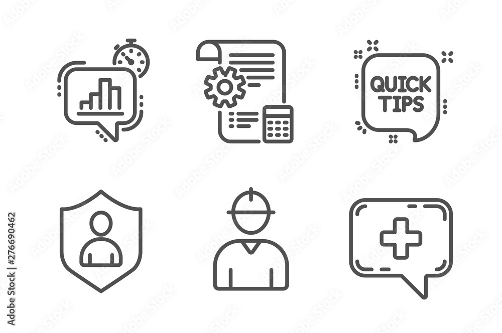 Poster engineer, security and settings blueprint icons simple set. statistics timer, quick tips and medical