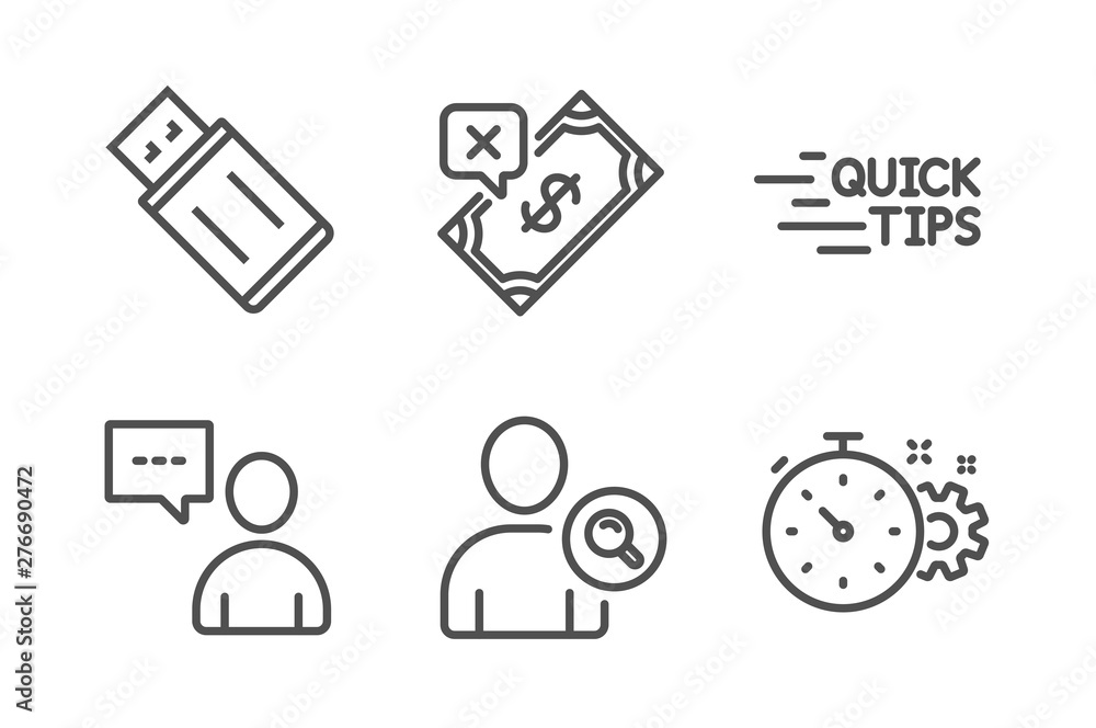 Poster education, users chat and rejected payment icons simple set. find user, usb flash and cogwheel timer