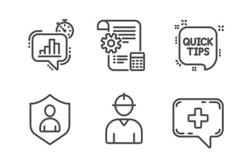 Engineer, Security and Settings blueprint icons simple set. Statistics timer, Quick tips and Medical chat signs. Worker profile, Private protection. Business set. Line engineer icon. Editable stroke