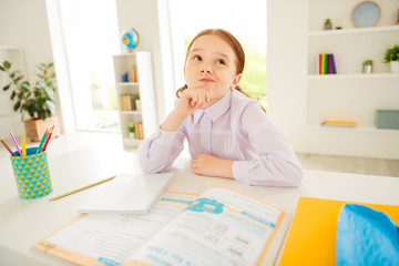 Close up photo of charming cute kid look have thoughts minded pensive upset wear white shirt...