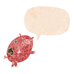 cartoon dancing pig and speech bubble in retro textured style