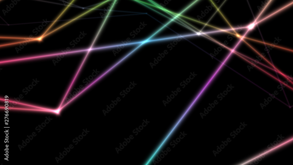 Poster computer abstraction, color lines broken at nodes on a dark background, 3d model