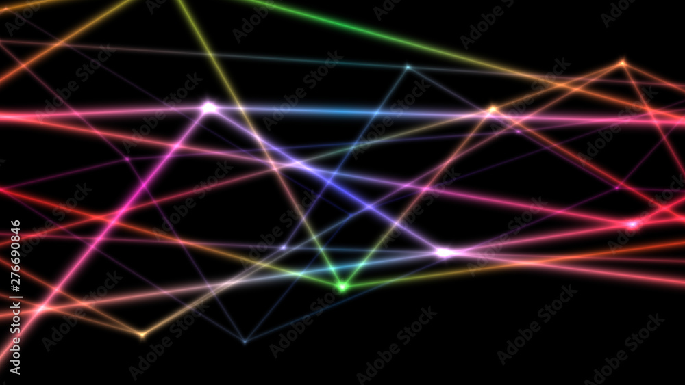 Poster computer abstraction, color lines broken at nodes on a dark background, 3d model