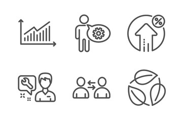 Loan percent, Cogwheel and Graph icons simple set. Repairman, Communication and Leaves signs. Growth rate, Engineering tool. Business set. Line loan percent icon. Editable stroke. Vector