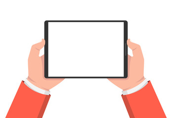 Two hands holding tablet. Vector illustration.