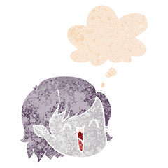 cartoon vampire girl face and thought bubble in retro textured style