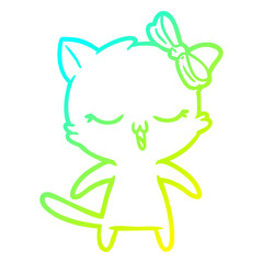 cold gradient line drawing cartoon cat with bow on head
