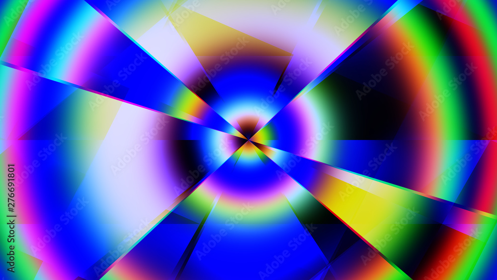 Poster abstract pattern of glowing radial rays on a multi-colored background
