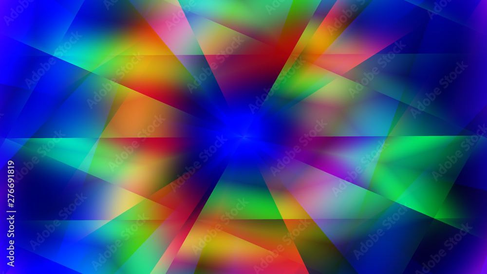 Poster abstract pattern of glowing radial rays on a multi-colored background