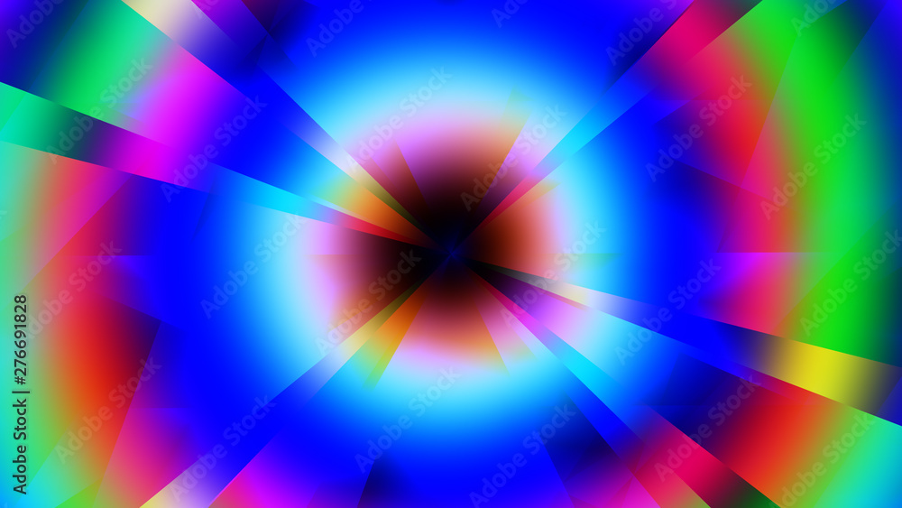 Poster abstract pattern of glowing radial rays on a multi-colored background