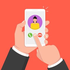 Incoming call on smartphone screen. One hand holds smartphone and finger touch screen. Female avatar.  Vector illustration.