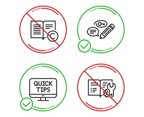 Do or Stop. Copyright, Web tutorials and Keywords icons simple set. Engineering documentation sign. Copywriting book, Quick tips, Pencil with key. Manual. Education set. Line copyright do icon