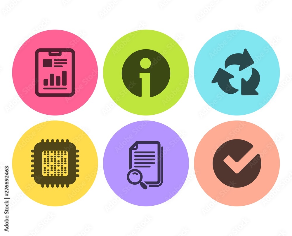 Poster recycle, cpu processor and search file icons simple set. info, report document and verify signs. rec