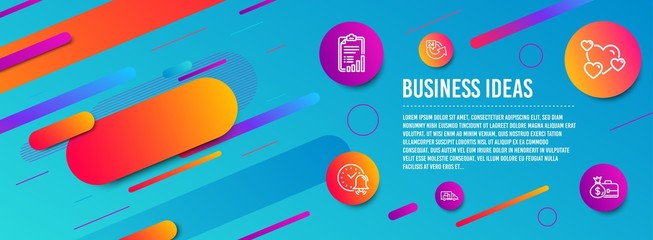 Header banner. Alarm bell, 24 hours and Heart icons simple set. Checklist, Truck transport and Salary signs. Time, Repeat. Business set. Line alarm bell icon. Gradient elements. Vector