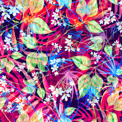 Watercolor Tropical leaves. leaves of a tree, palms, bamboo, branch, flower, abstract splash. Watercolor abstract seamless background, pattern, spot, splash of paint, blot, divorce, color. Tropic 