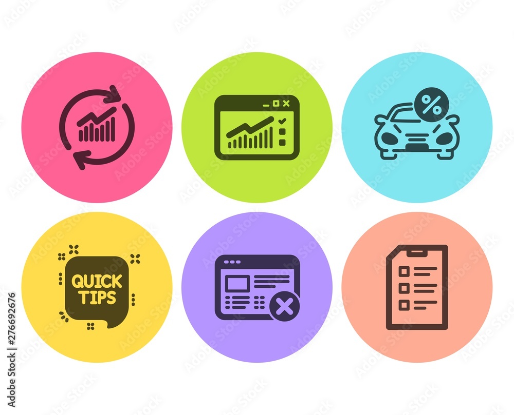 Poster reject web, car leasing and quick tips icons simple set. web traffic, update data and checklist sign