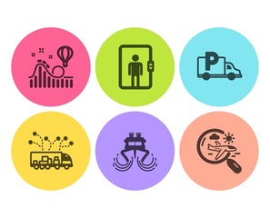 Elevator, Truck delivery and Truck parking icons simple set. Roller coaster, Ship and Search flight signs. Office transportation, Logistics. Transportation set. Flat elevator icon. Circle button