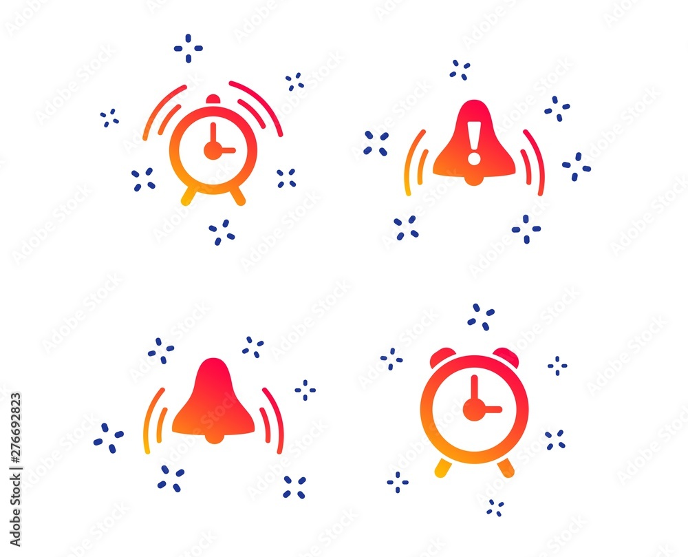 Poster alarm clock icons. wake up bell signs symbols. exclamation mark. random dynamic shapes. gradient ala